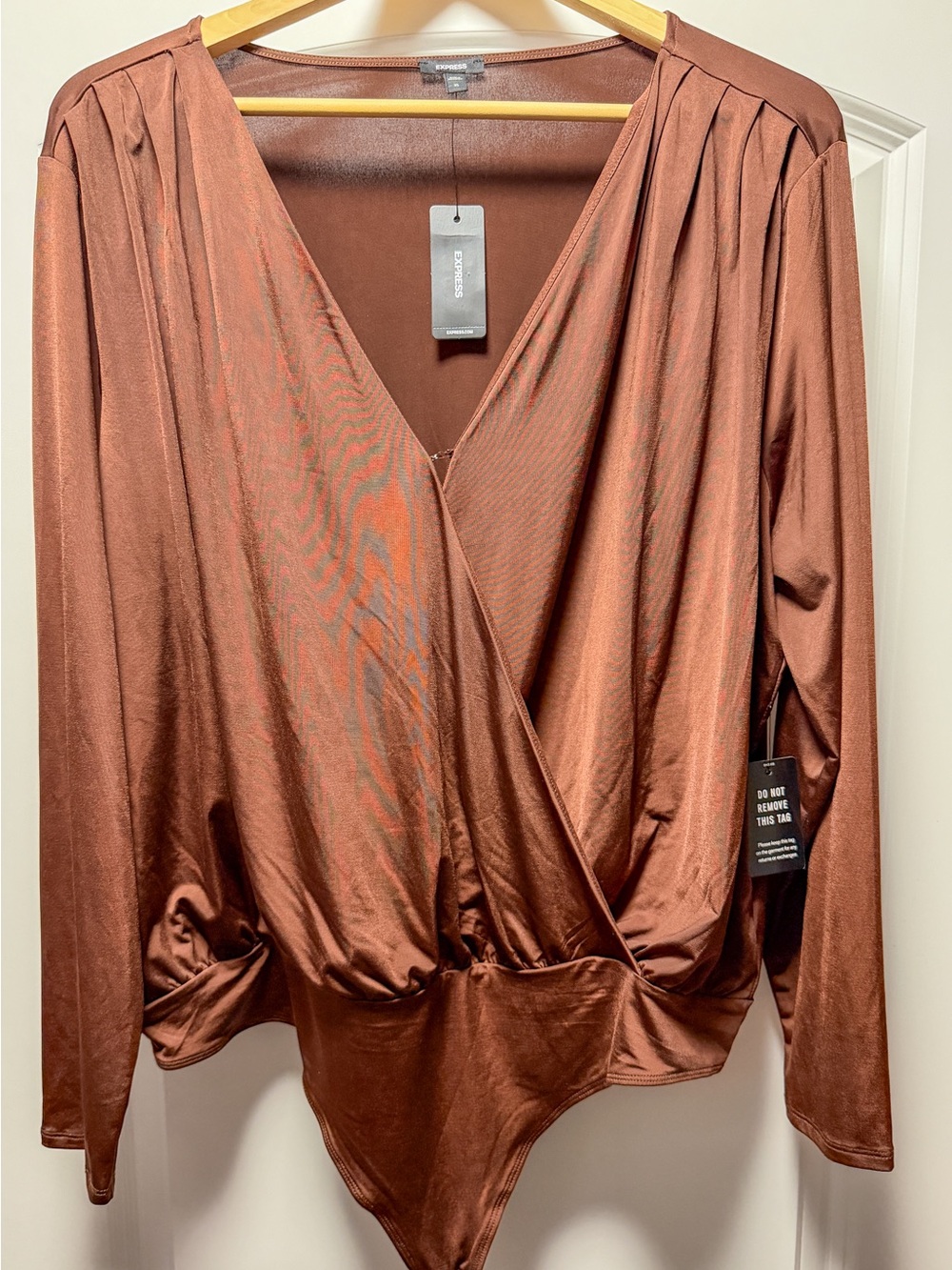 Express Bronze Satin Wrap Bodysuit, NWT, XL